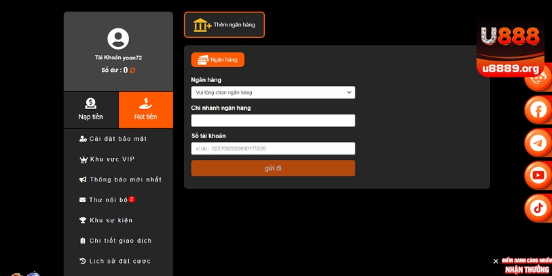 Liên kết đúng tài khoản để rút tiền U888