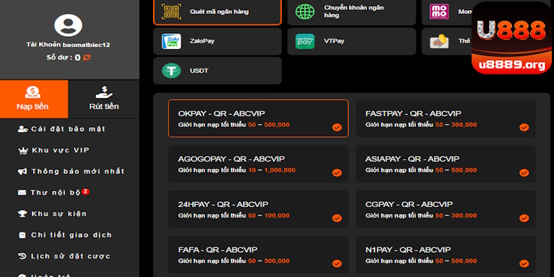 Nạp tiền U888 thuận tiện qua ngân hàng