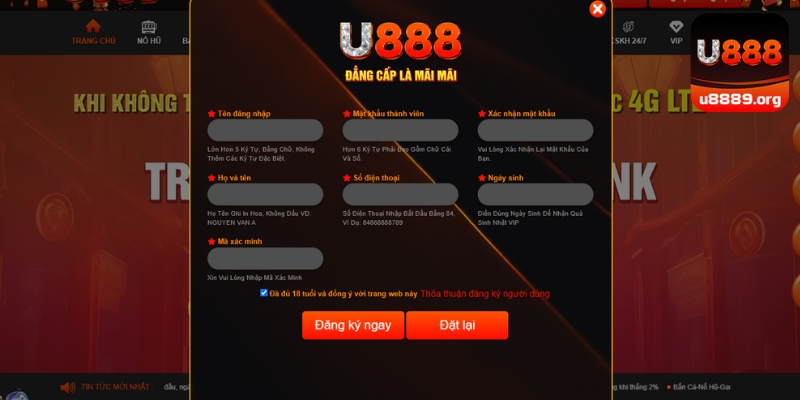 nhập thông tin đăng ký U888